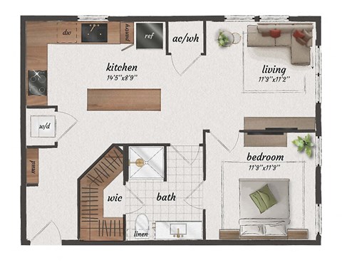 1 bedroom, 1 bathroom, 690 square feet A2C floorplan at St. Elmo Apartments in Austin, TX